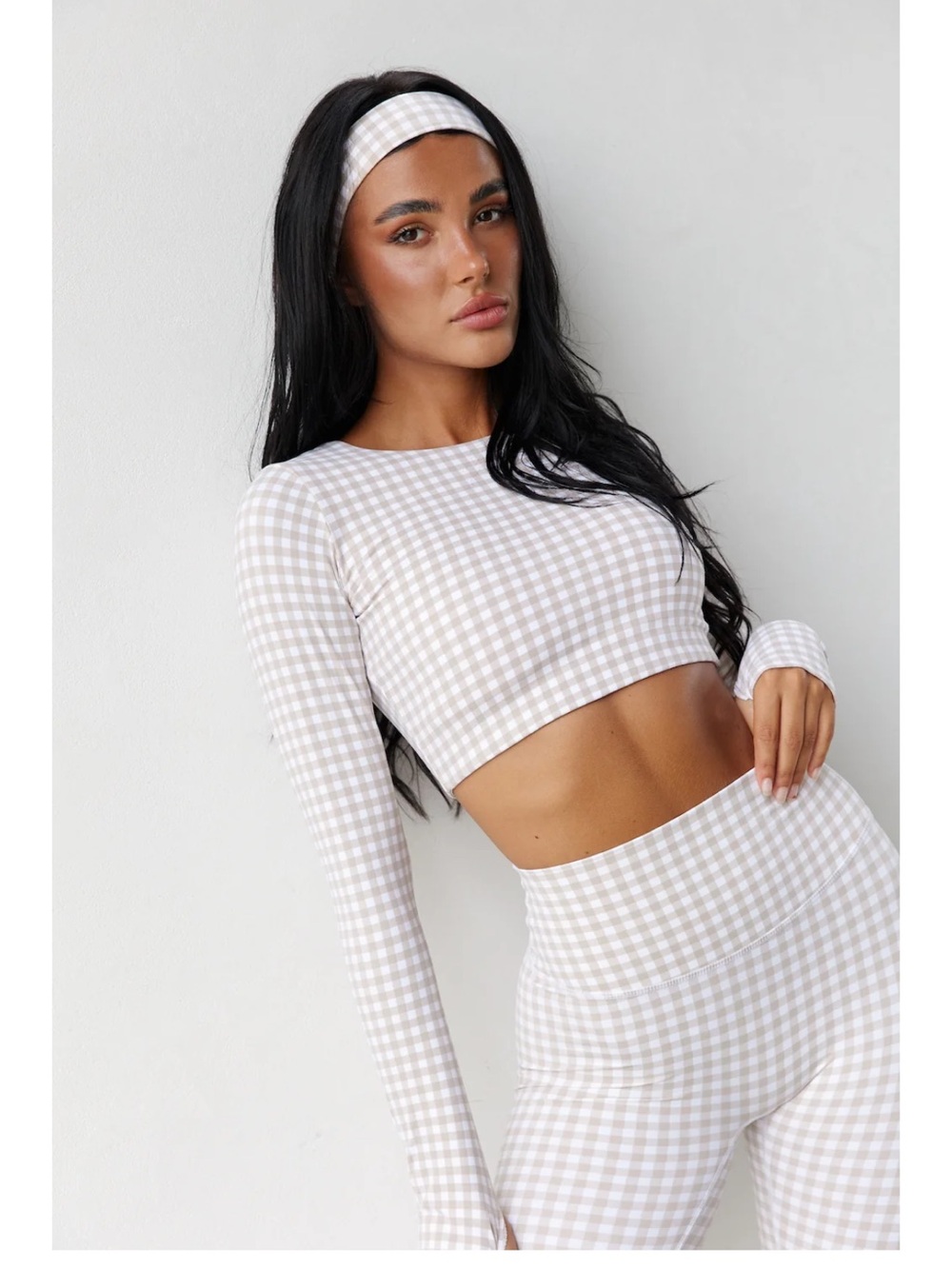 Astoria Activewear Gingham High-Waist Leggings and crop top in Beige & White
